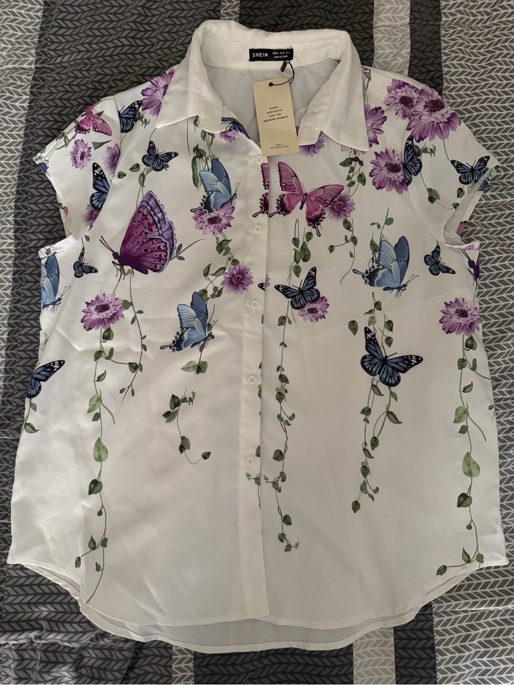 SHEIN White Button-Down Blouse with Purple & Blue Butterfly Print